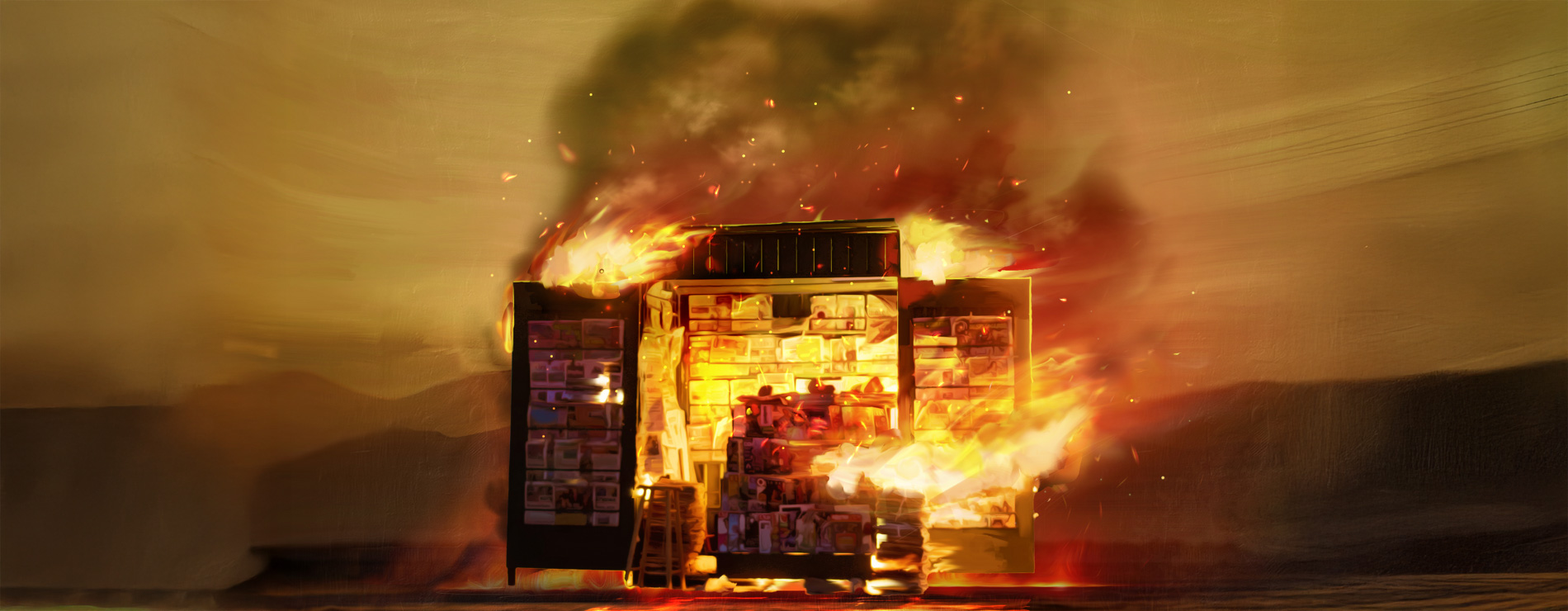 puesto de periódicos quemándose